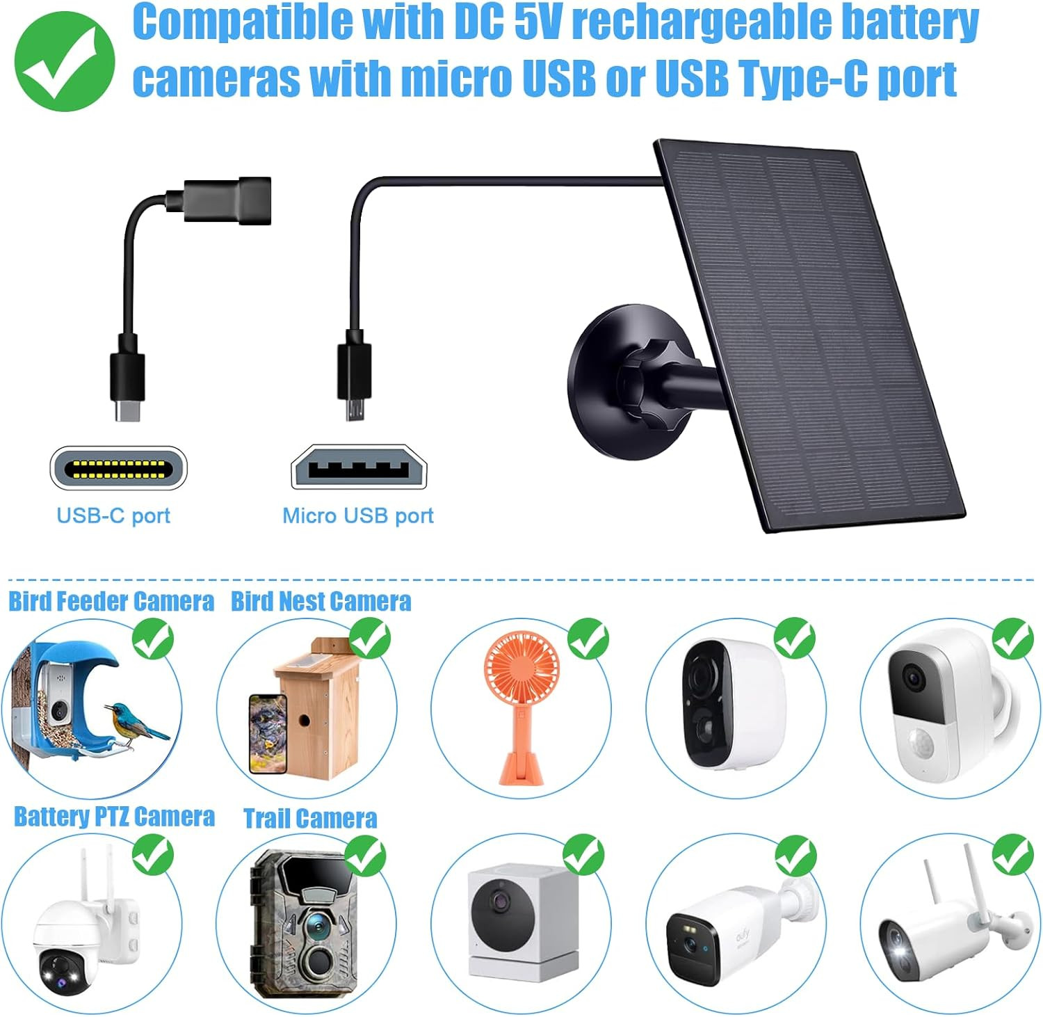 Solar Panel for Security Camera, 2W Solar Charger with Micro USB & USB-C Port fo