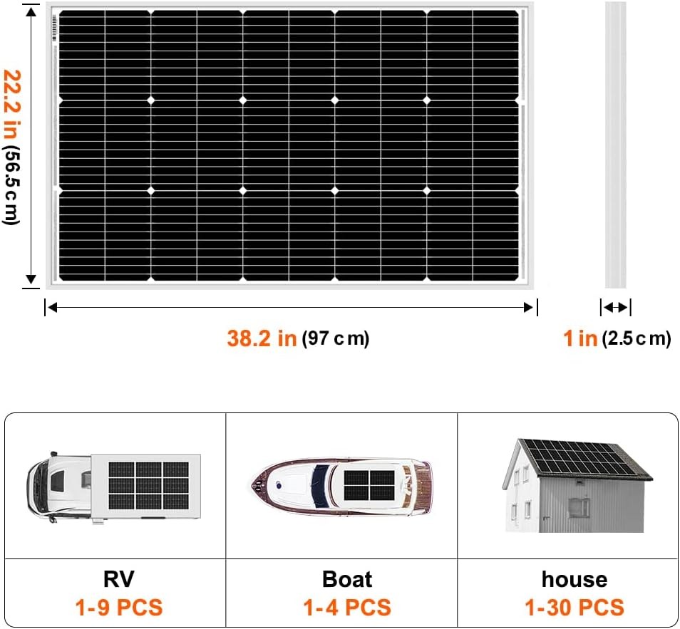 100W 18V Monocrystalline Solar Panel for 12V Battery Charging, Aluminum Frame, M