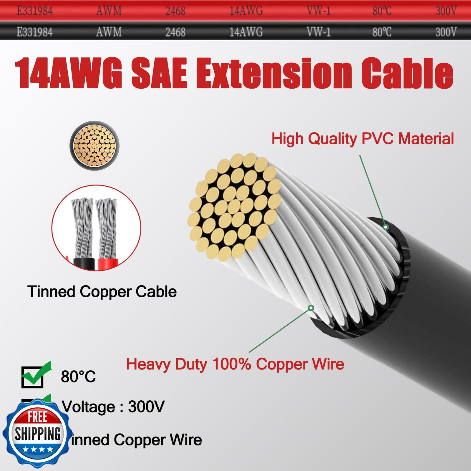 Magiktech 1.6/3.3/6.5/13/25/50 FT SAE to SAE Extension Cable 14AWG,SAE Adapte