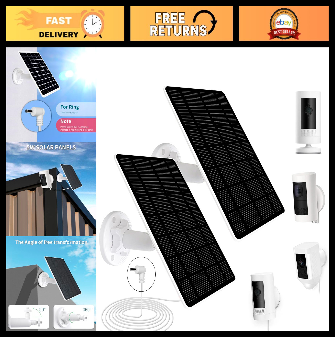 2-Pack 5W 6V Solar Panels for Ring Cameras, Solar Charger with 13FT Cable & USB-