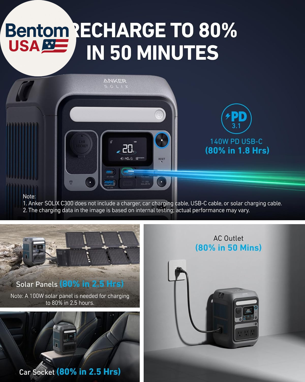 Portable Power Station SOLIX C300, 288Wh Lifepo4 Battery, 300W (600W Surge) Sola
