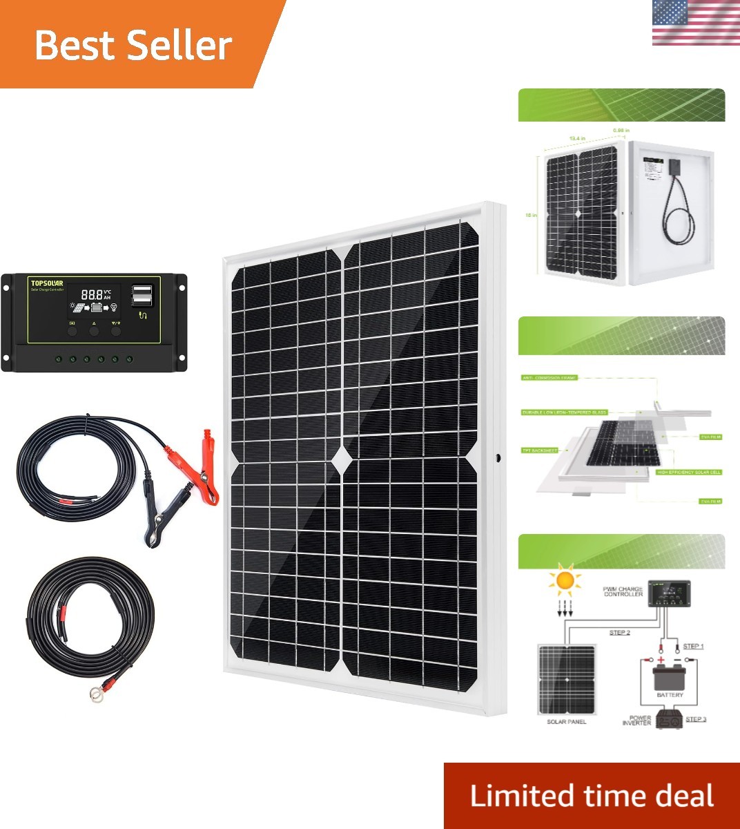 Efficient 20W Monocrystalline Solar Panel with Charge Controller for Boats & RVs