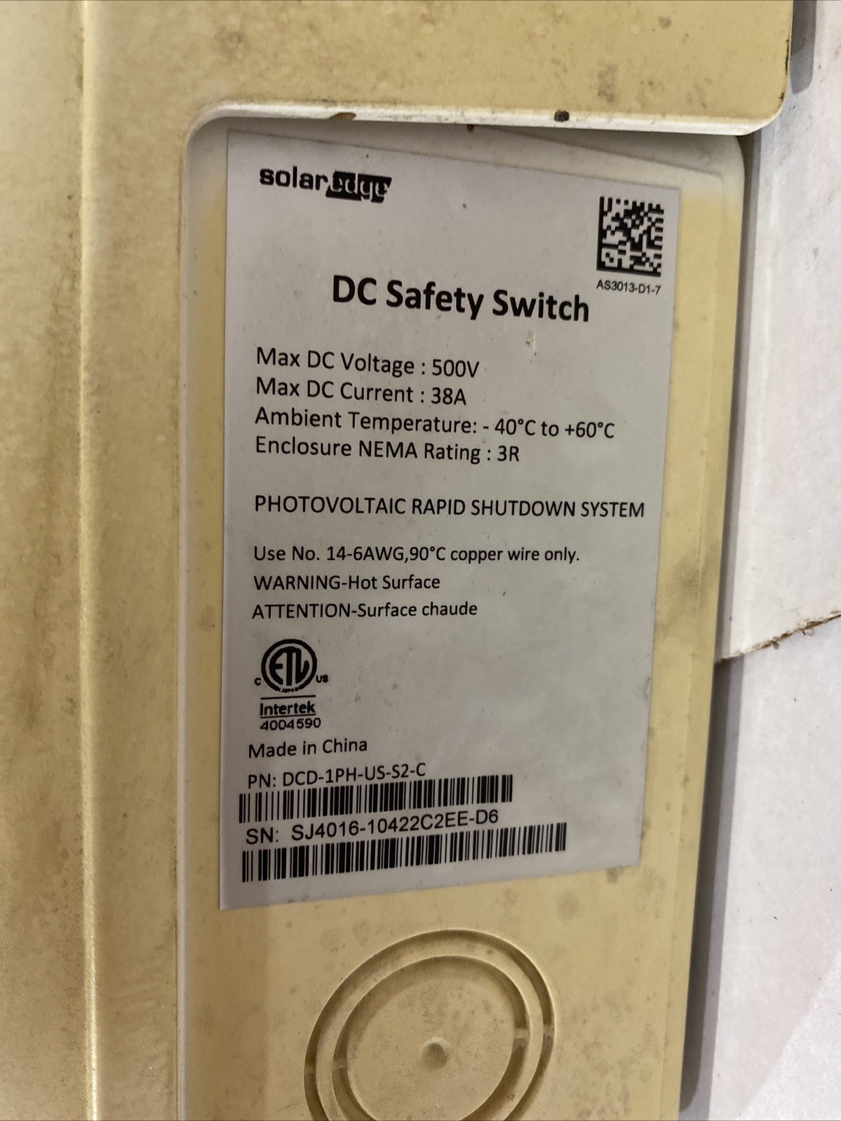 DCD-1PH-US-S2-C Solar Edge DC Safety Switch PARTS ONLY