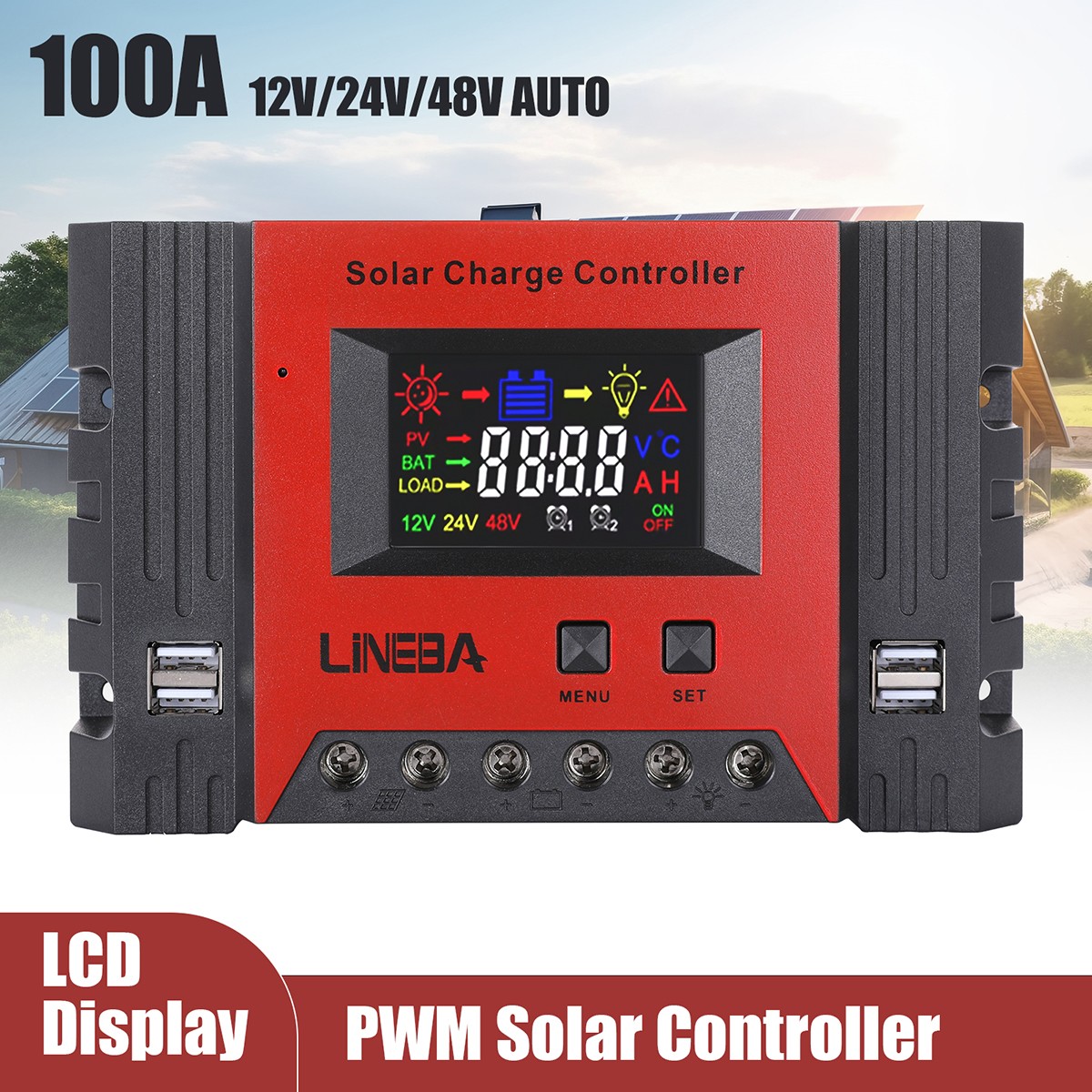 5200W 100A Auto Solar Charge Controller LCD Display Current PWM Controller 4 USB