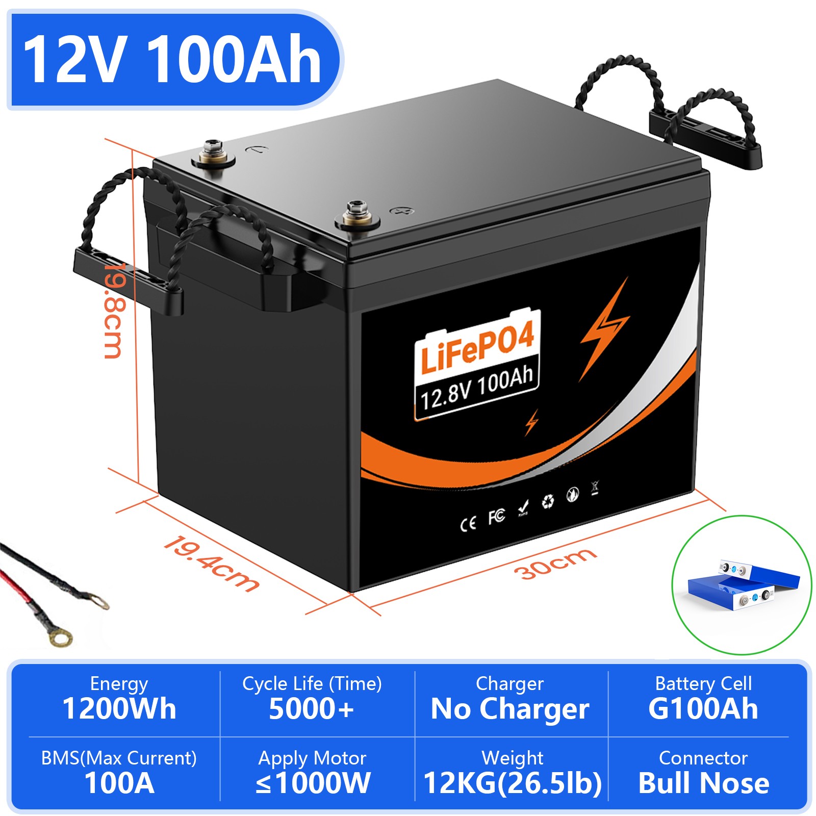 12V 100AH LiFePO4 Lithium Battery Deep Cycles For RV Camping Marine Solar Garden