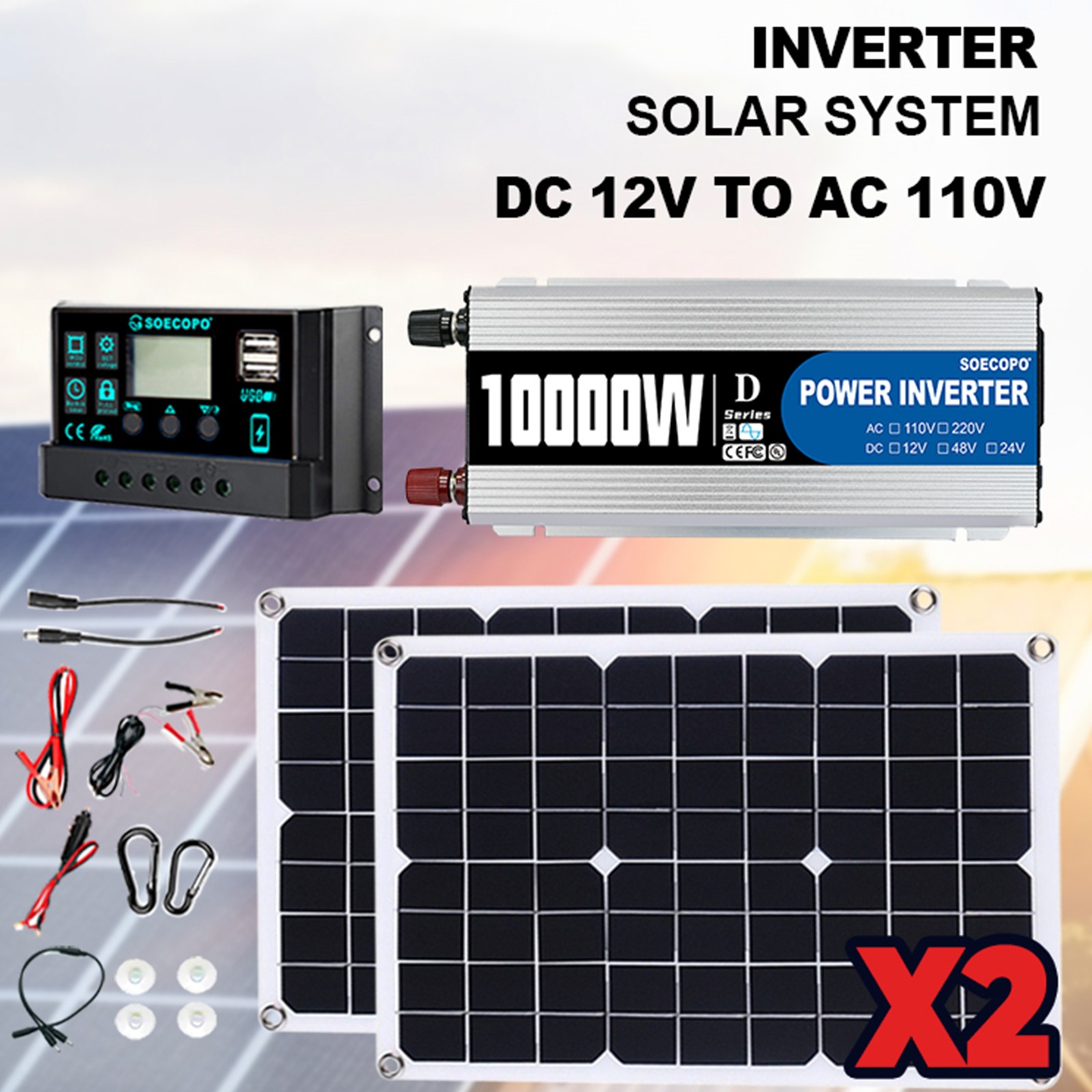 10000W Solar Power Kit 12V-110V/220V + 2pcs Solar Panels + 100A Controller