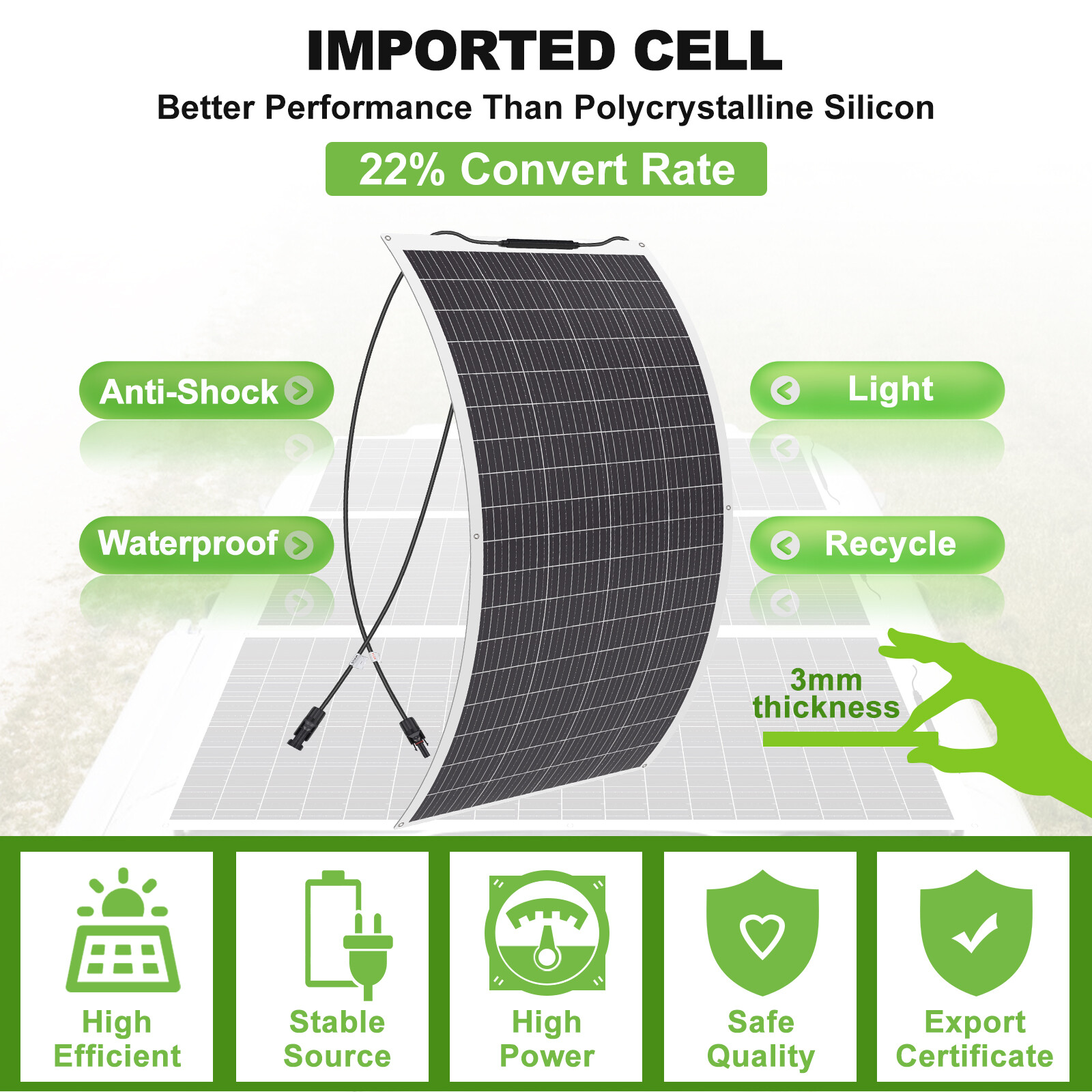 Flexible 300 900 1200 Watt Solar Panel 23% High Efficiency 12V Monocrystalline