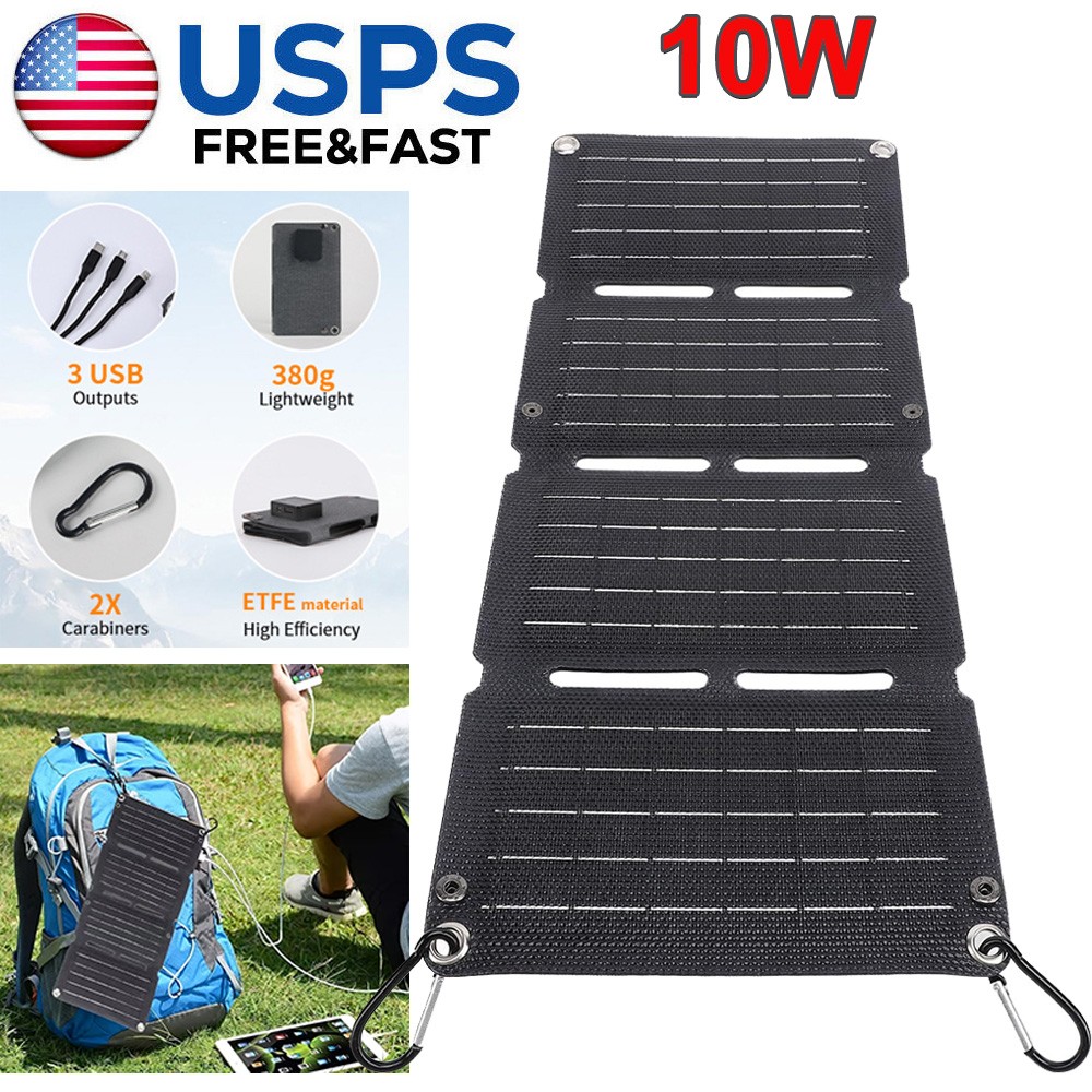 10W Foldable Solar Panel Charger USB 5V Power Bank Waterproof for Camping Hiking