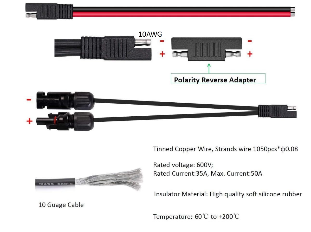 35A Rated Solar Panel Connector Cable with Reverse Adapters