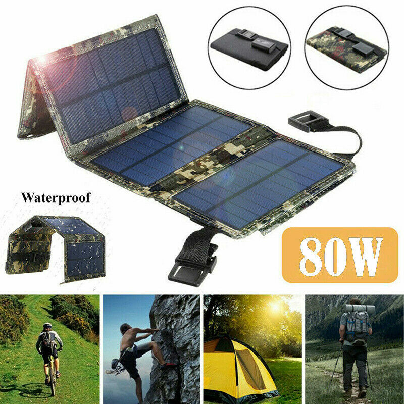 Portable 80W Folding Solar Panel Power Bank USB Battery Charger Waterproof