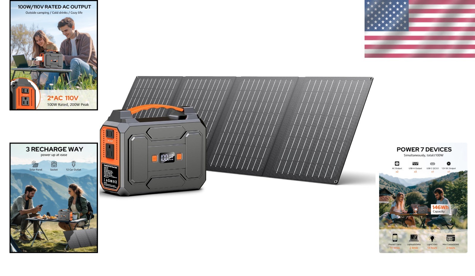 Portable Solar Generator 7 Outputs, Bright LED Flashlight