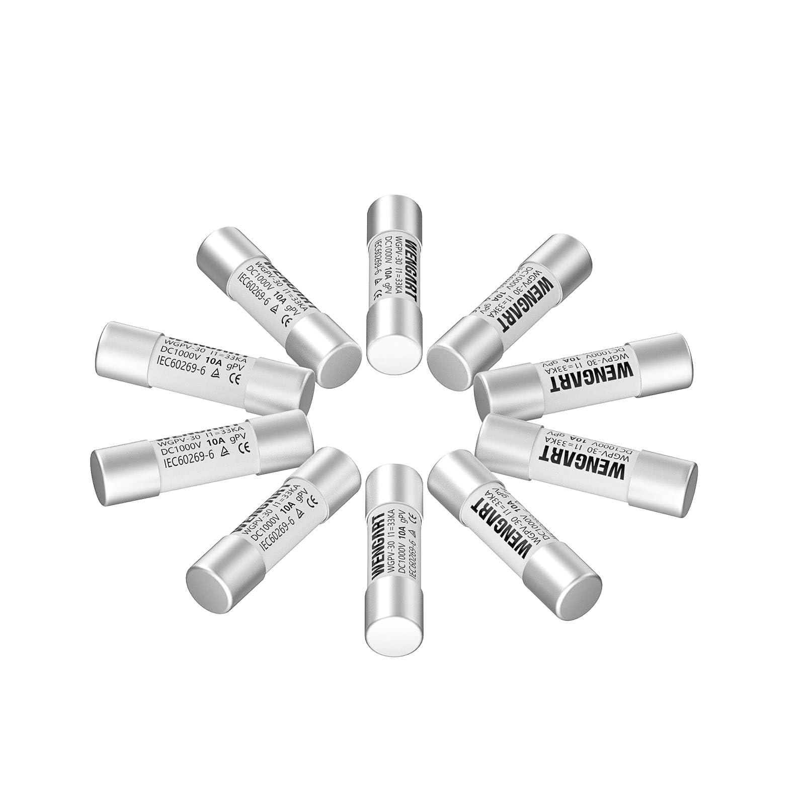 10pcs Solar Fuses, WGPV-30, DC1000V, 10Amp, 10x38mm, I133kA, Fast Photovoltaic