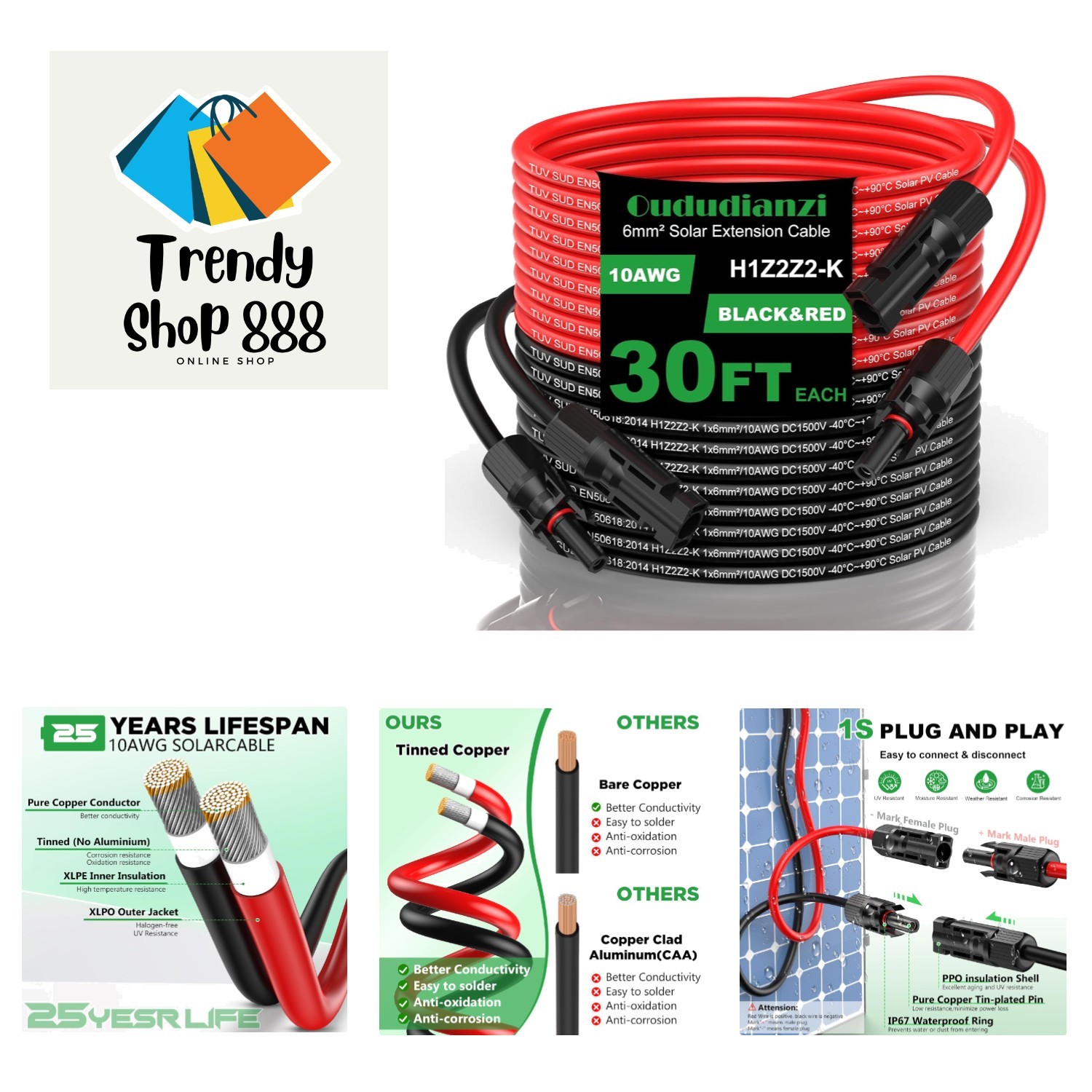 High-Performance 30ft Solar Extension Cable – UV & Moisture Resistant Connectors