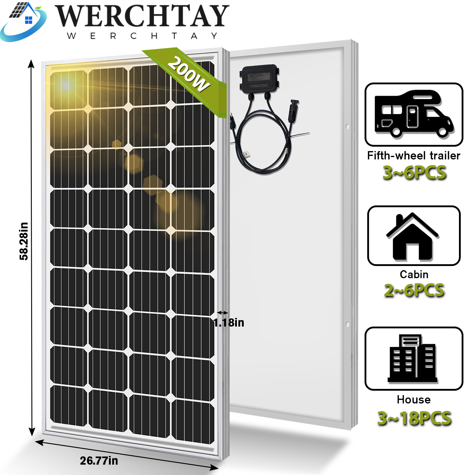 200W Watt Mono Solar Panel 12V Charging Off-Grid Battery Power RV Home Boat Camp