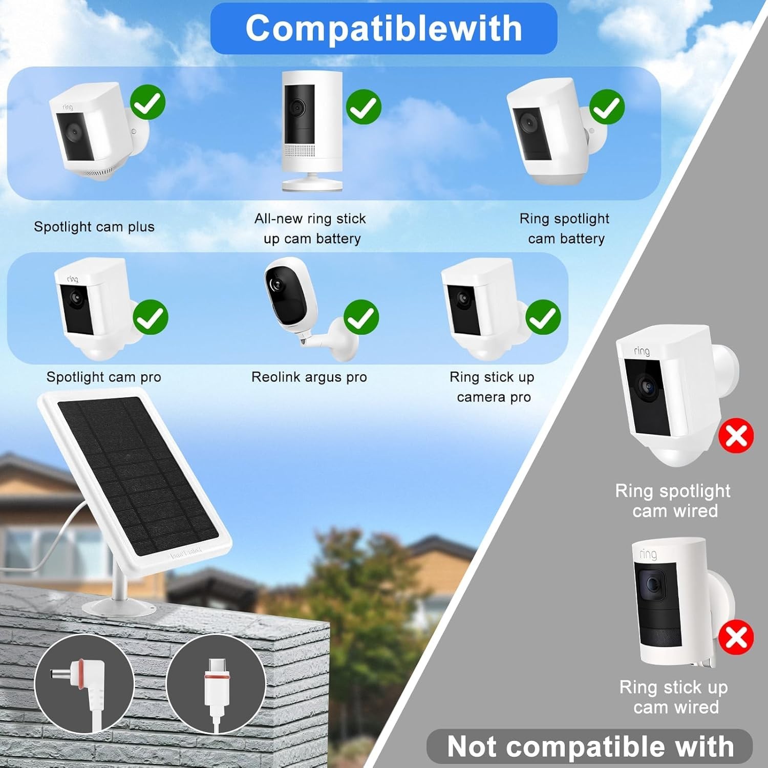 5W Solar Panel Charger for Ring Camera, Compatible with Ring Stick up Cam/Pro Ba