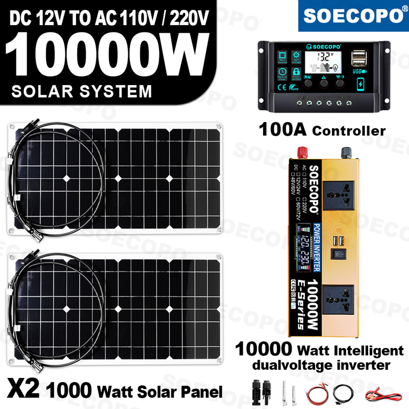 SOECOPO off grid portable 10000W Peak Solar Kit 2pcs Flexible Panel Controller