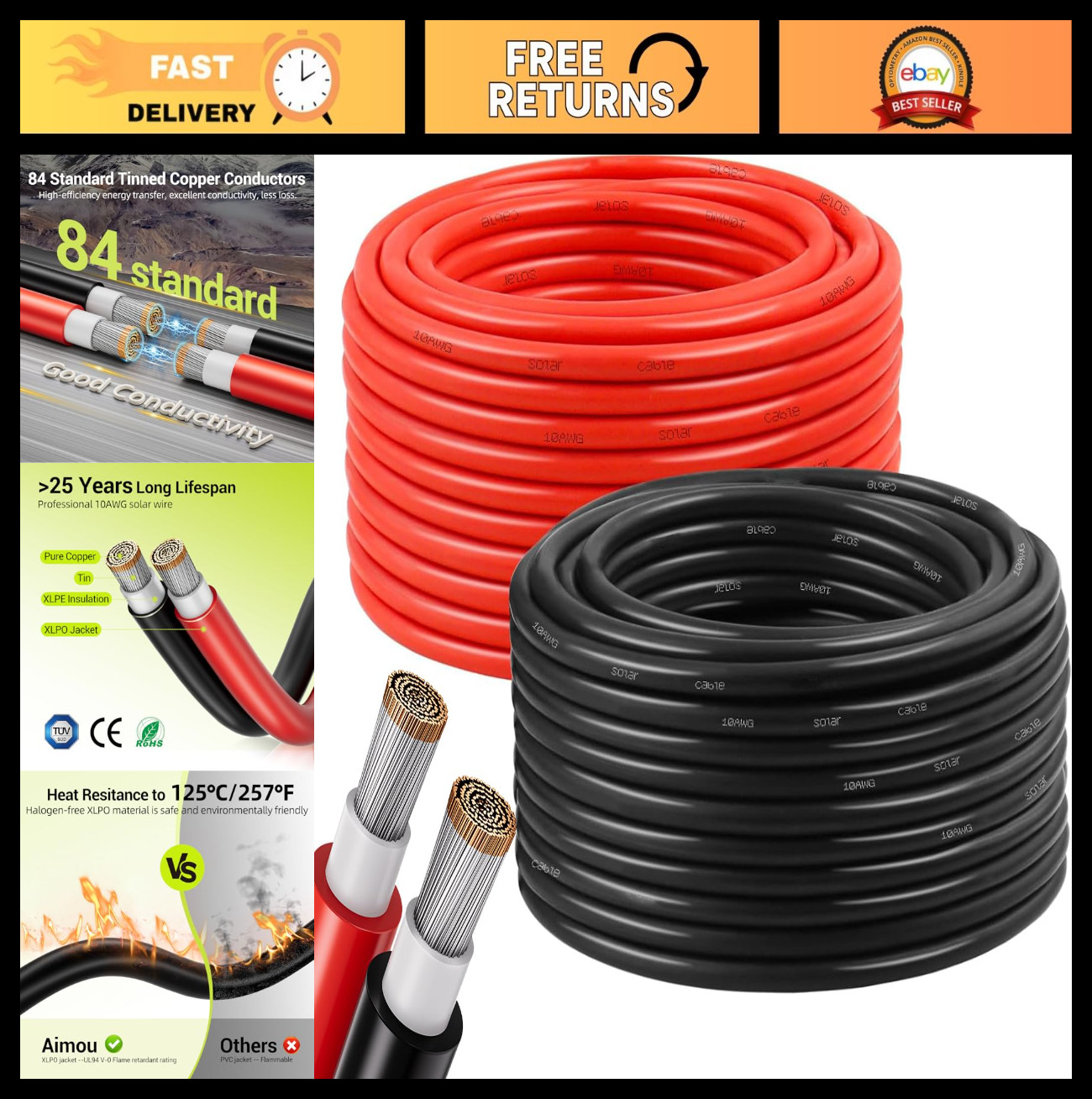 10AWG Solar Panel Wire 2x50FT Red & Black Extension Cable, Tinned Copper PV Wire