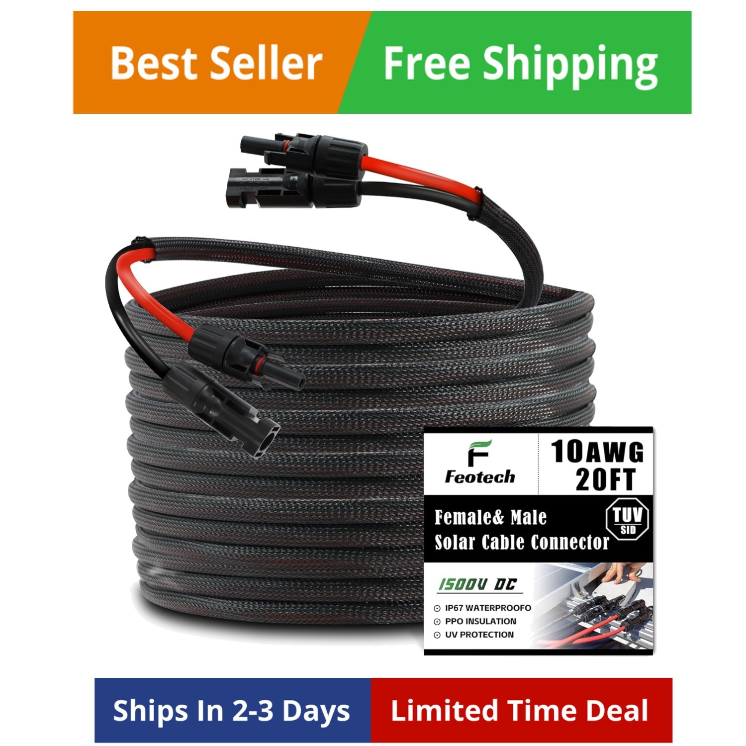 Twin Wire 20FT Solar Extension Cable – 10AWG 6mm² Solar Panel Connector, with…