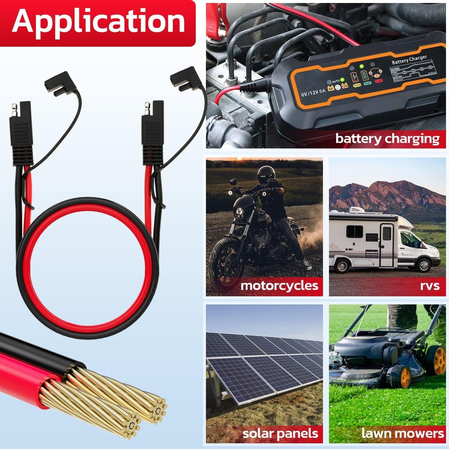 10AWG SAE Extension Cable 1ft Compatible Solar RV Automotive Dual Prong