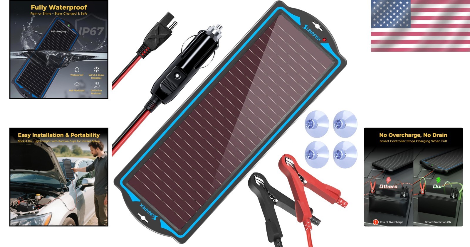 12V Waterproof Solar Battery Charger Kit – Reliable Power for Vehicles & Boats