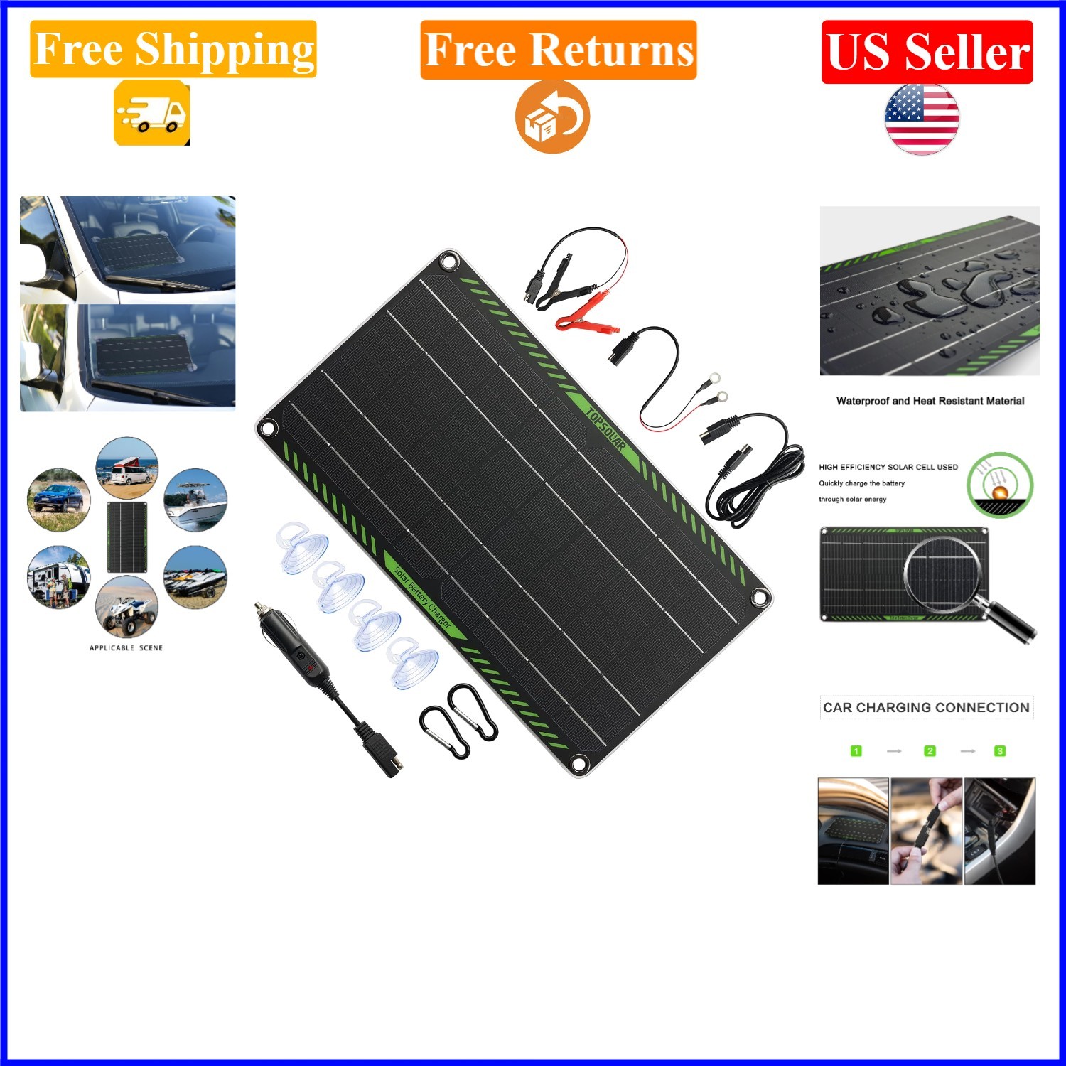 10W 12V Black Solar Panel Car Battery Maintainer with Cigarette Lighter & Clips