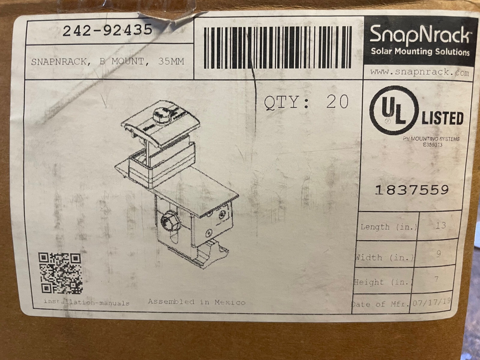 20ct SnapNRack 242-92435 RL B Mount 35MM solar panel mounting bracket