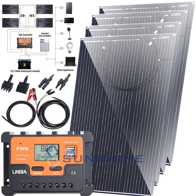 100W 200W 400W Solar Panel 12V Mono High-Efficiency PV for Home/RV/Off-Grid/Farm
