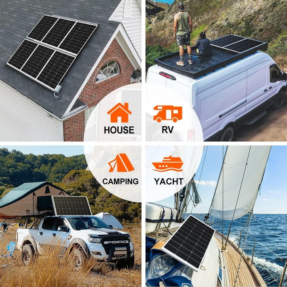 100W 18V Monocrystalline Solar Panel for 12V Battery Charging, Aluminum Frame, M