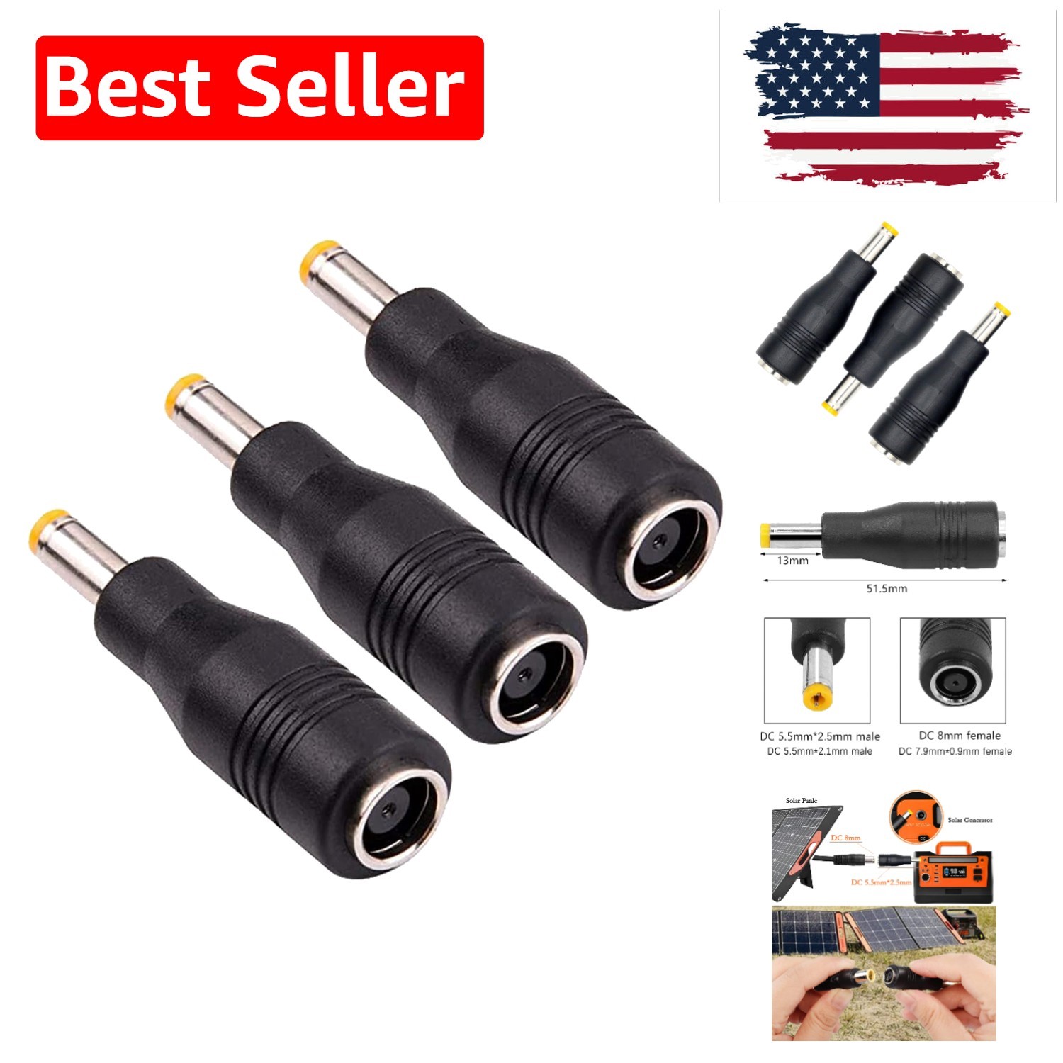 Solar Panel Adapter, DC7909 Female to DC5525 Male Connector, 8mm to 5.5mm, fo…