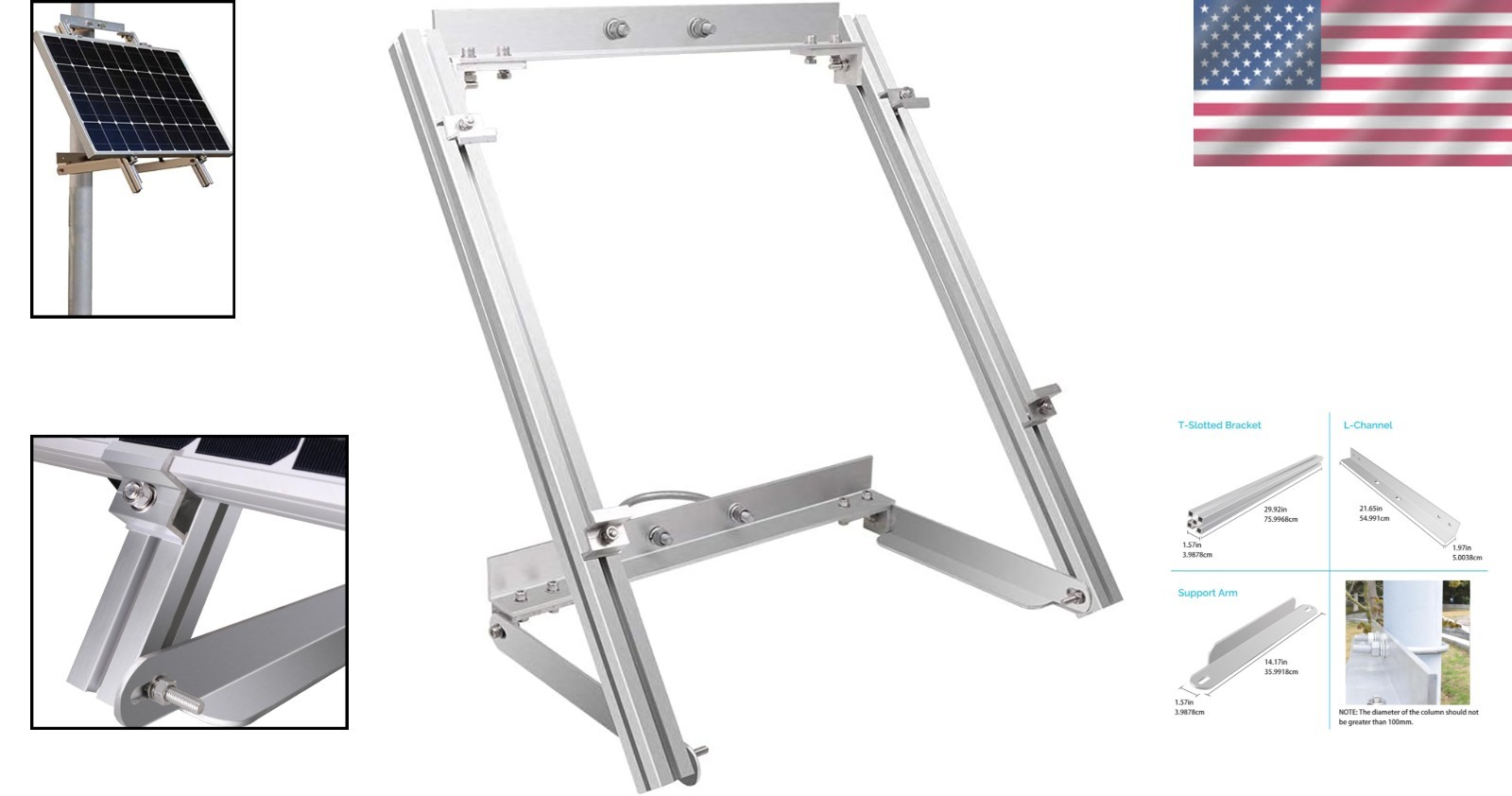 Heavy-Duty Aluminum Solar Panel Pole Mount Kit for 100W Off-Grid Flat Surfaces