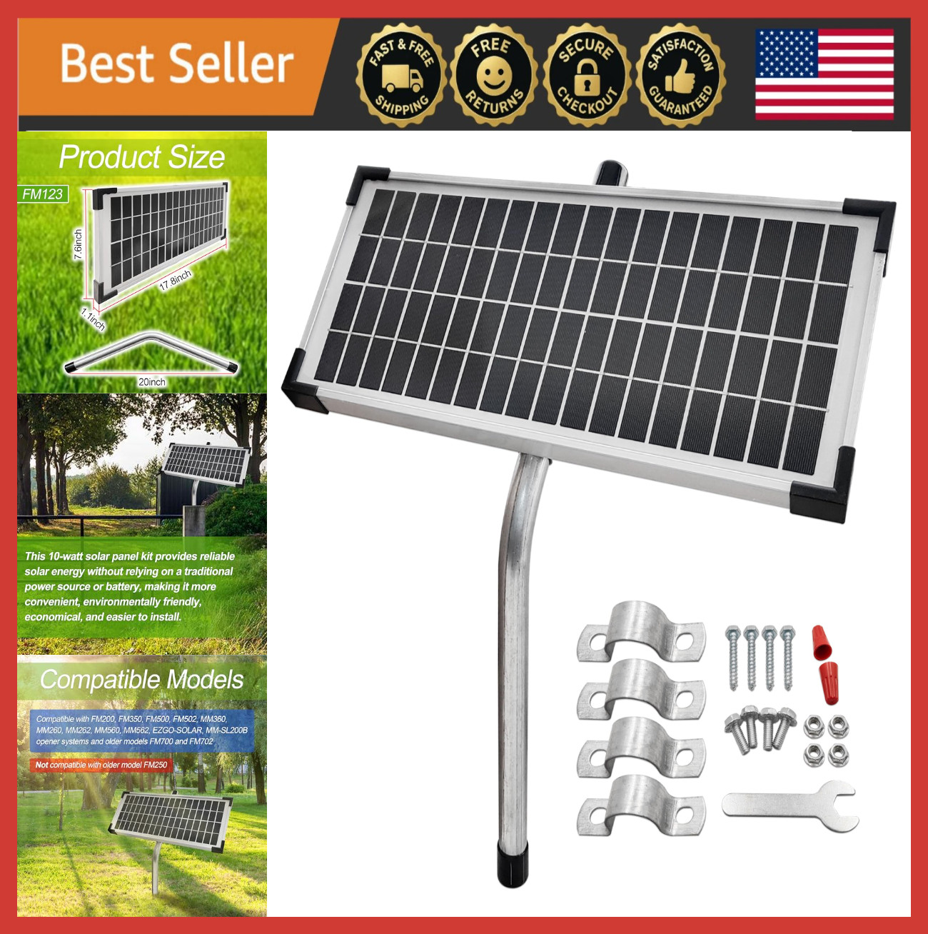 10W Solar Panel Kit for Automatic Gate Openers, Easy Install, Weatherproof