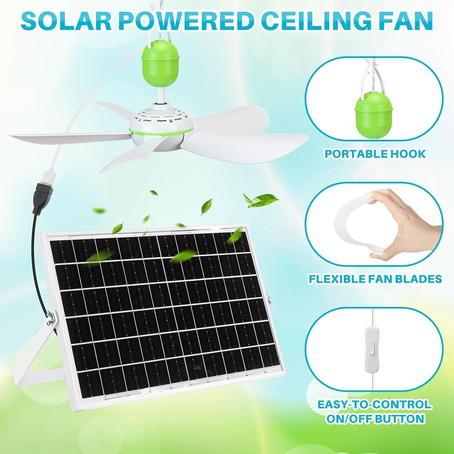 2 Set Solar Ceiling Fan Kit W/ 15w Panel USB Hanging Fan 15.74” Dual Power