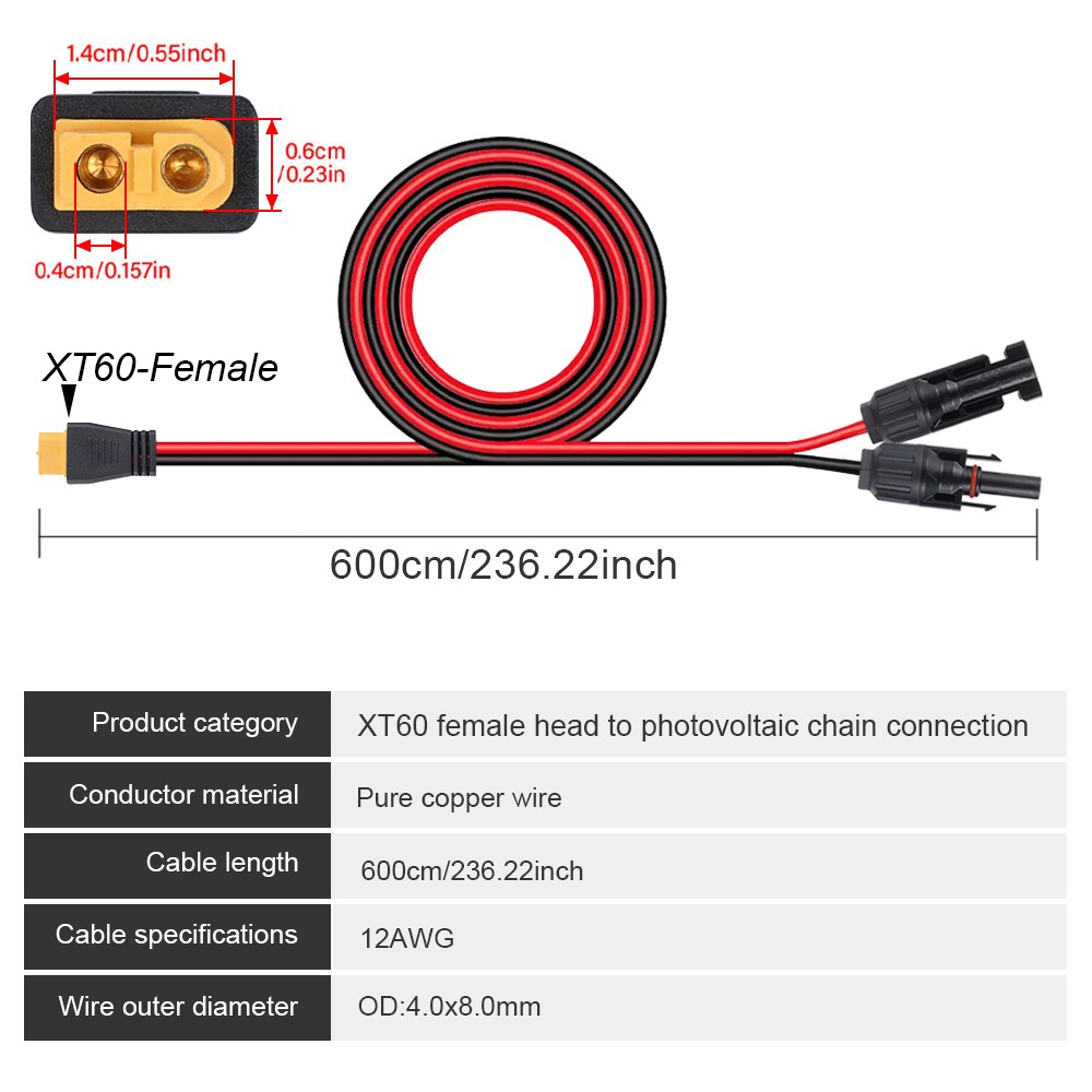 12 AWG 20 ft XT60 Female to Solar Connector Solar Panel Extension Charging Cable