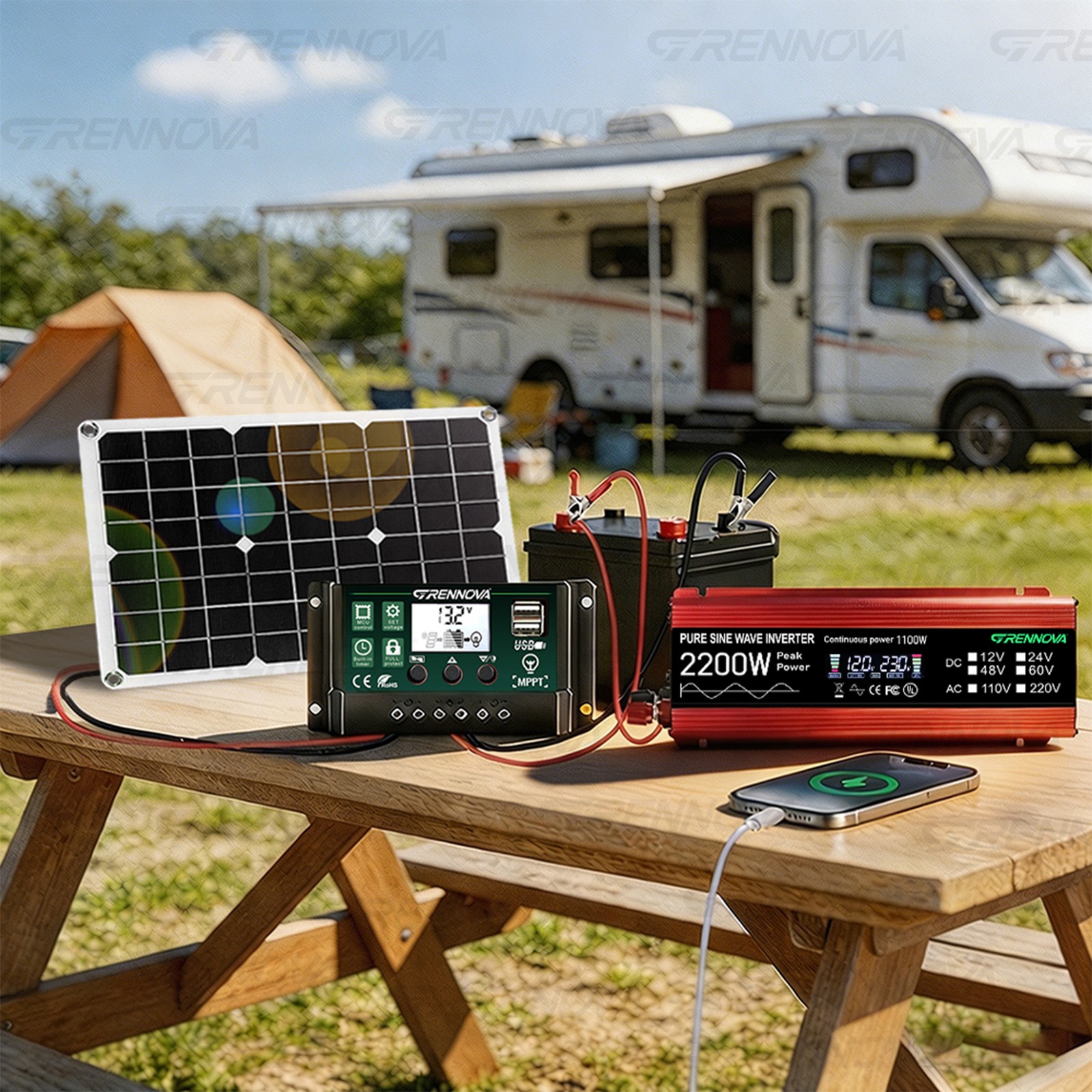 Grennova 2200W Off-Grid Solar Kit 60A MPPT Pure Sine Home RV Backup