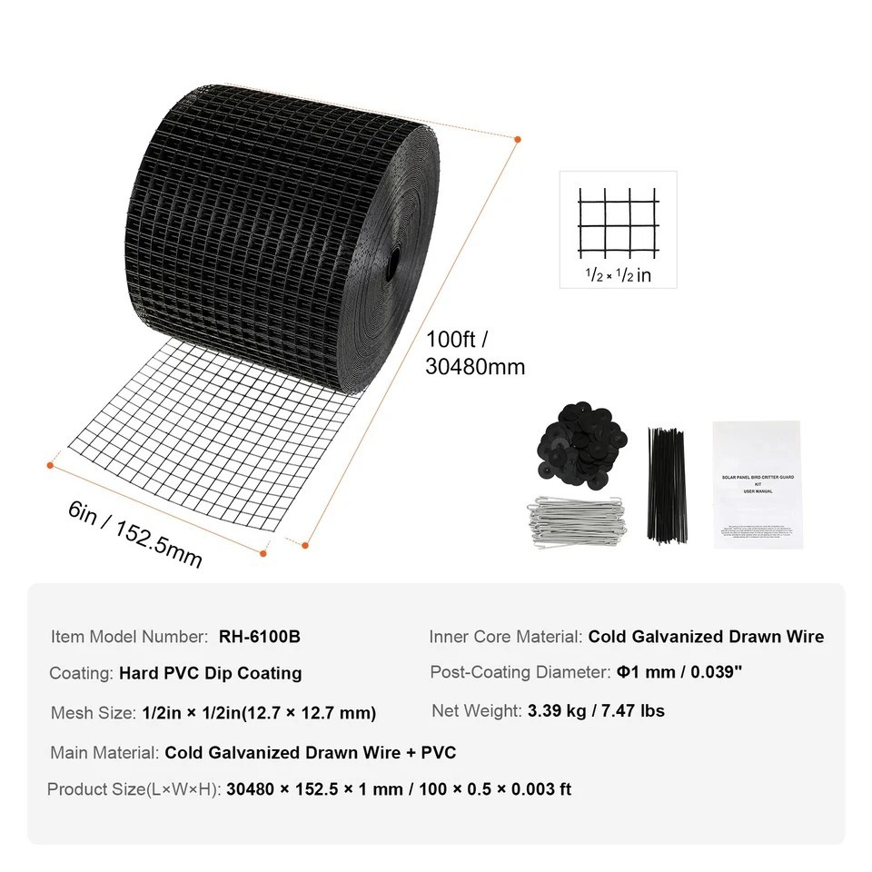 6in x 100ft Solar Panel Bird Guard Critter Guard Roll Kit 100pcs Fasteners