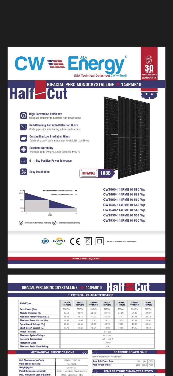 545W BiFacial PERC Monocrystaline Solar Panels /30 Yr Warr