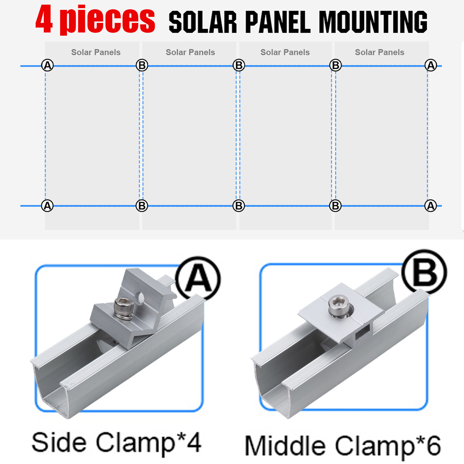 Universal Solar Panel Roof Mount Brackets Clamp Kit for 4x Solar Panels Mounting