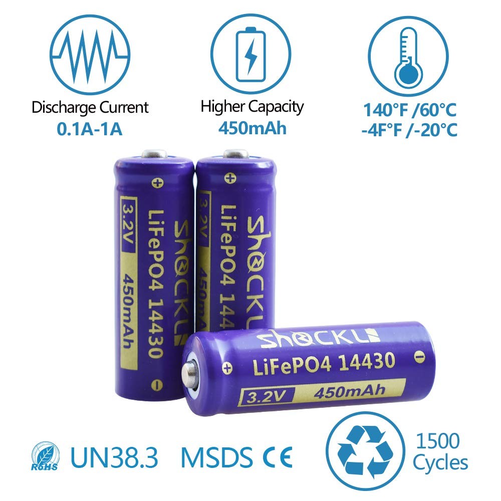 funkawa 6Pack Shockli 14430 3.2V 450mAh LiFePo4 Rechargeable Solar Battery fo…