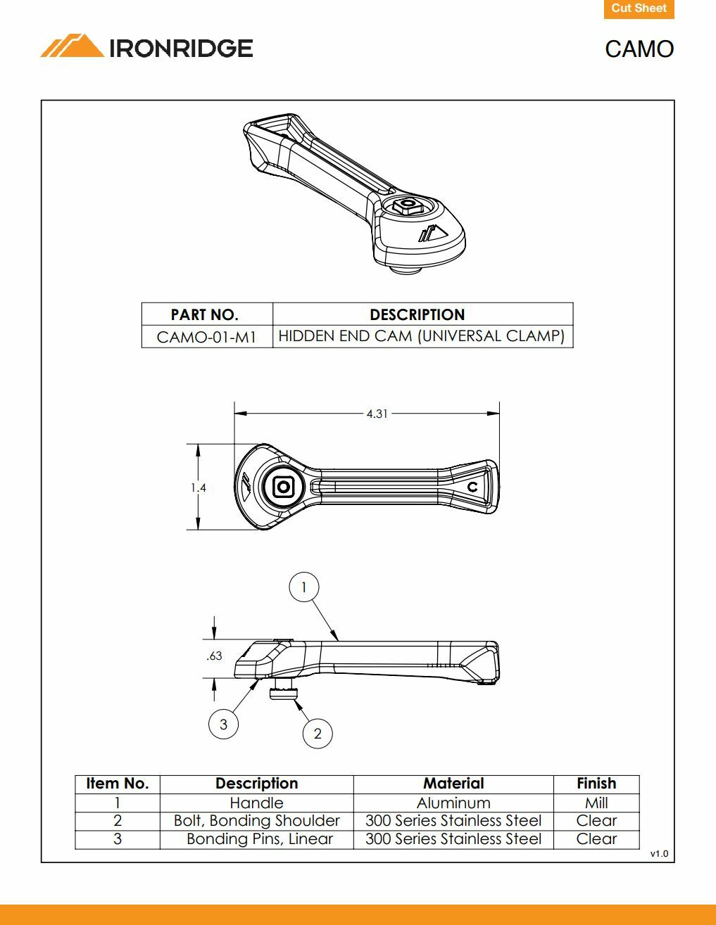 IronRidge CAMO-01-M1 Universal Bonding Hidden End Cam, Mill