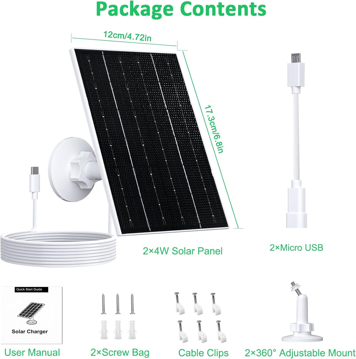 4W Solar Panel for Security Camera, Type-C/Micro USB Solar Charger for Rechargea