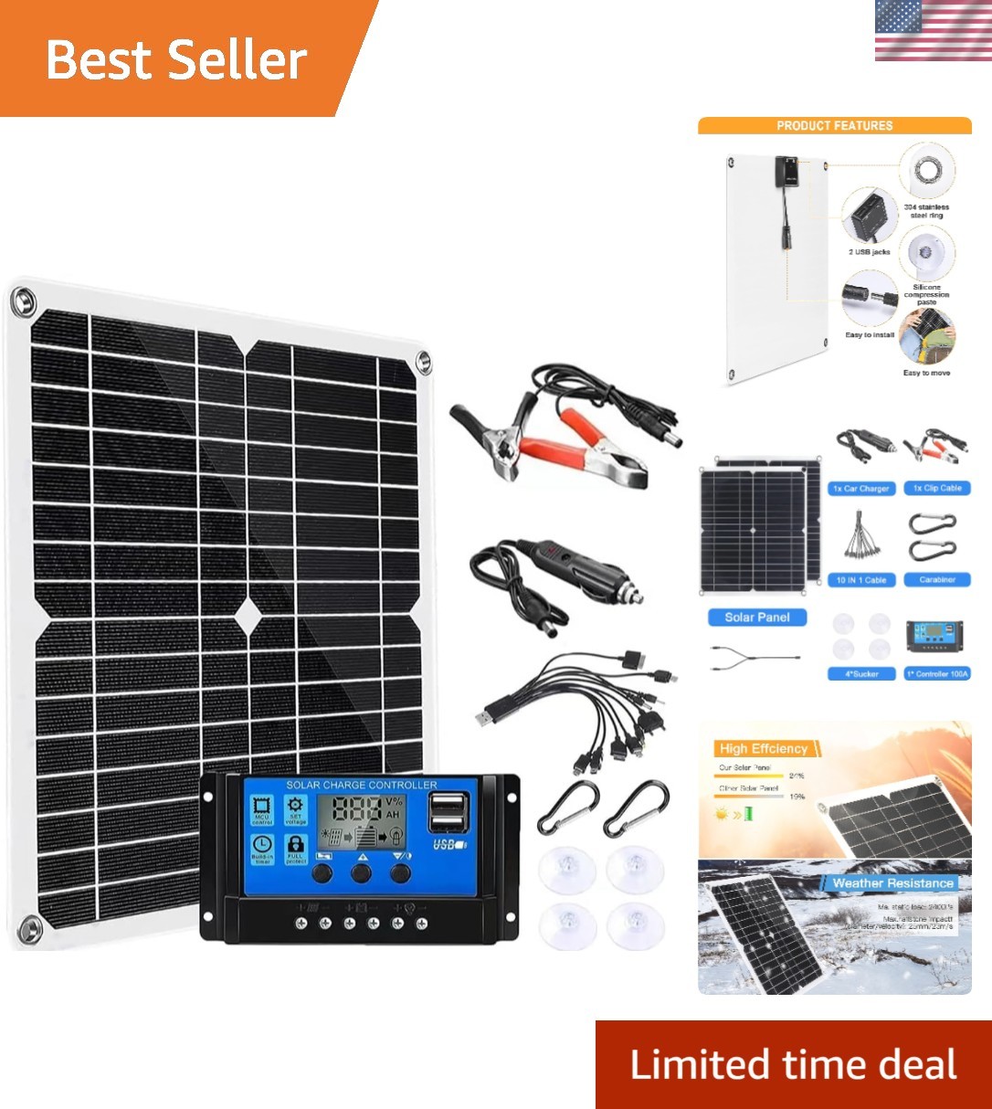Monocrystalline 200W Solar Panel Kit: 100A Controller with Dual 5V USB Outputs
