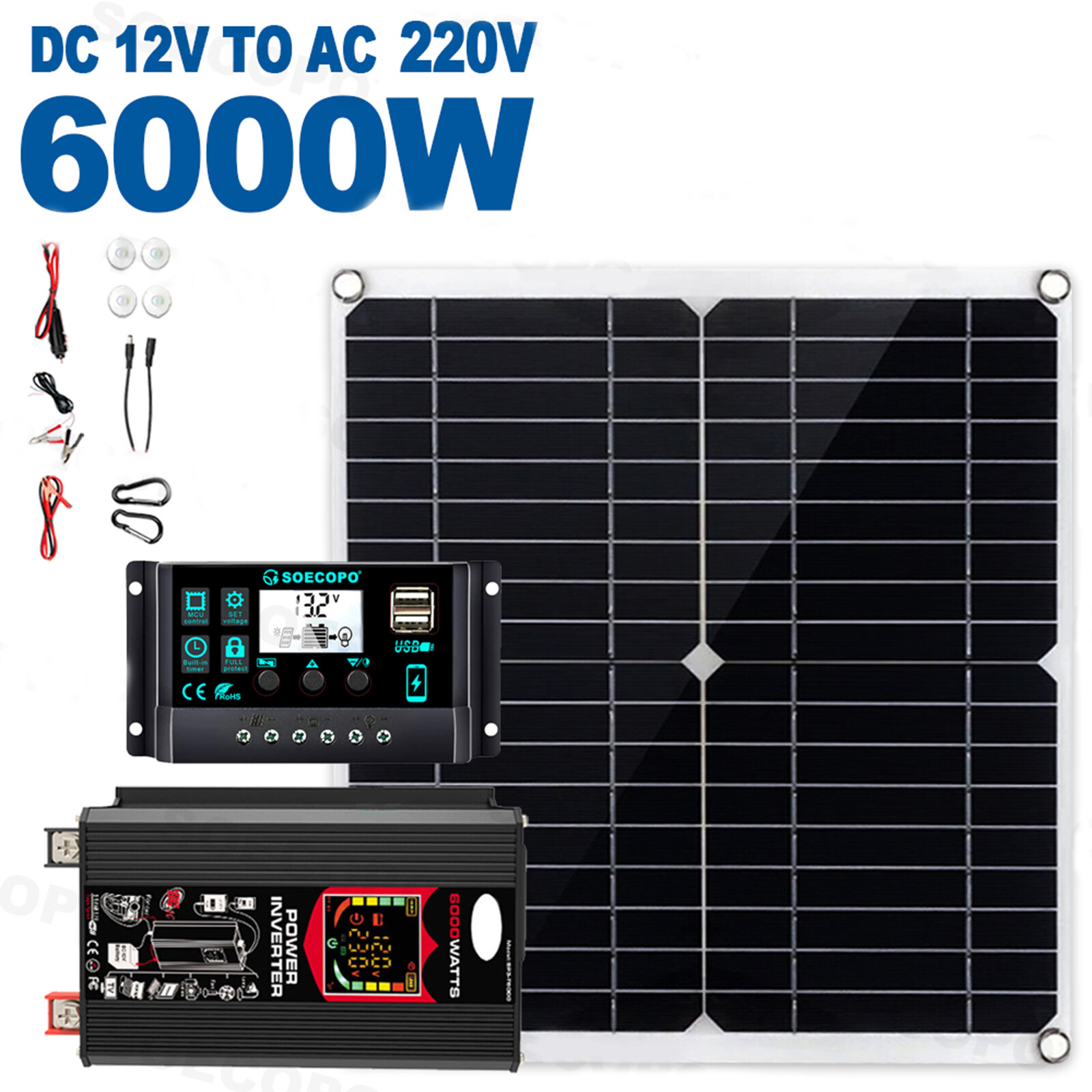 6000W Solar Panel Set Solar Power Inverter Generator 100A Home 110V Grid Syste
