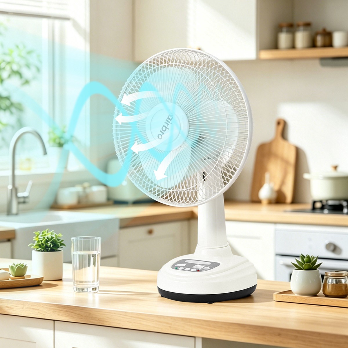 Solar Rechargeable 12″ Table Fan AC/DC Dual Power 2PCS LED Bulbs Outdoor Camping