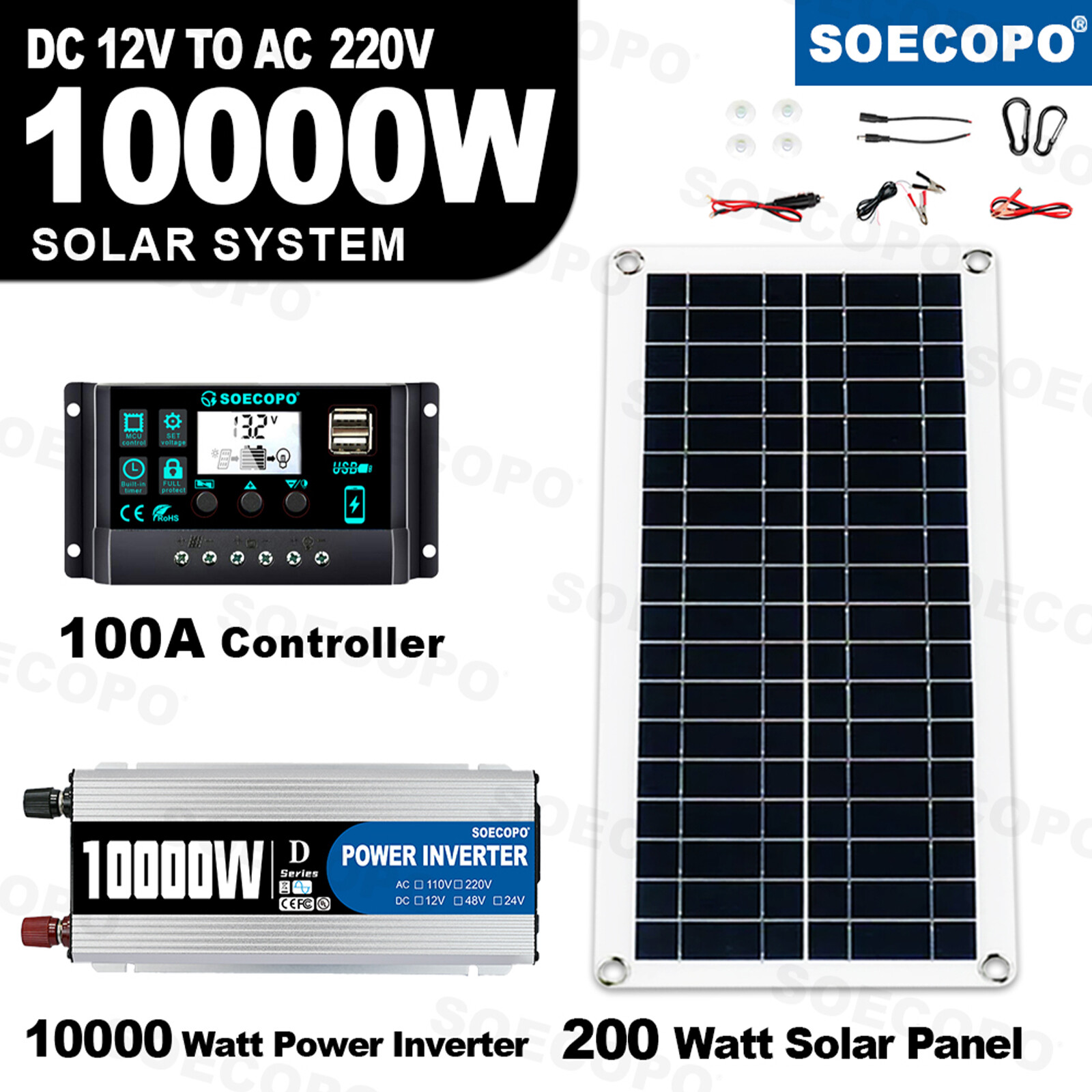 10000W Power Inverter Solar Generator W/200W Solar Panel Home Complete 110V