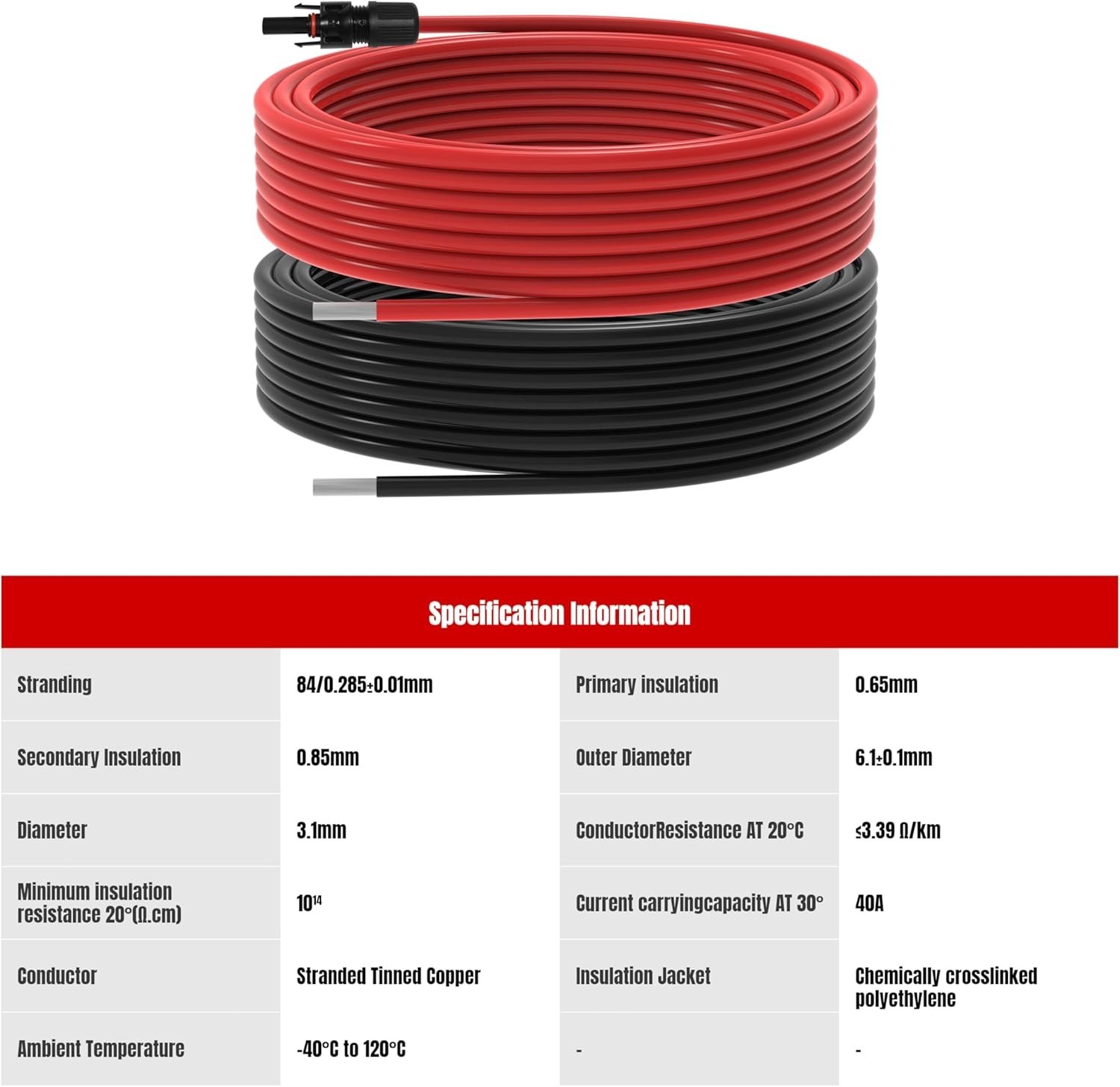 10 AWG Solar Extension Cable 10 Gauge 40 Feet Solar Wire for RV Boat Hom