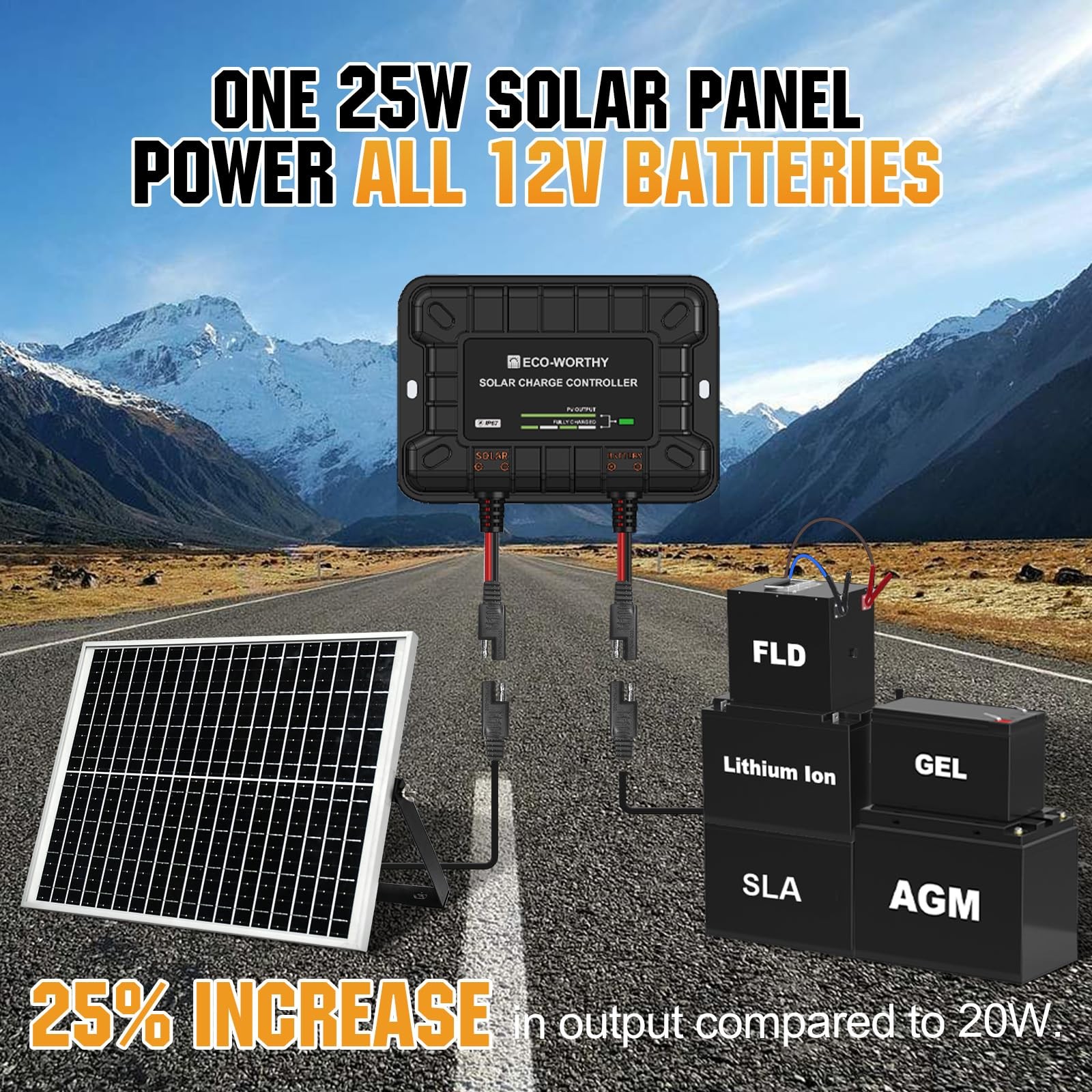 25W 12V Solar Battery Trickle Charger Maintainer, Waterproof Solar Panel + Ad…