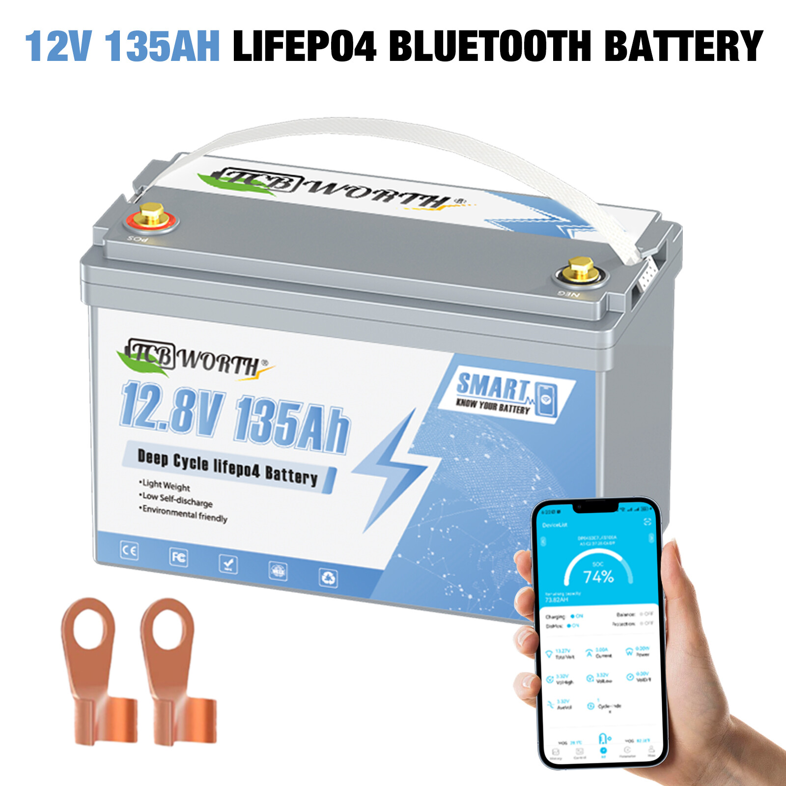 12V 135Ah LiFePO4 Lithium Battery BMS Deep Cycle For RV Marine Solar Off-grid