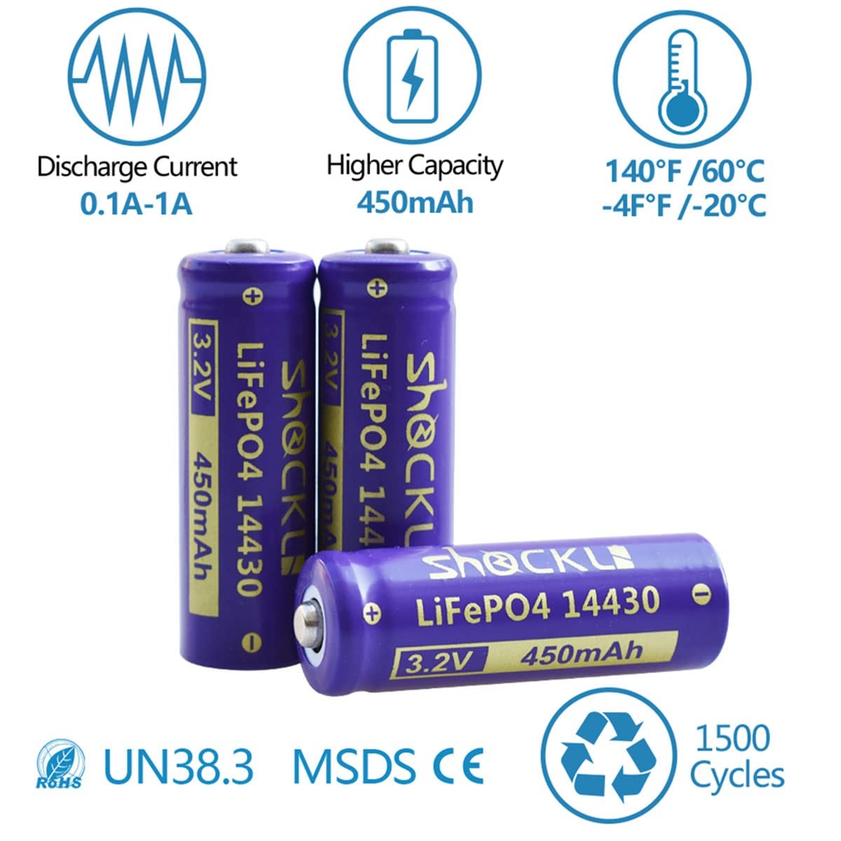 8Pack Shockli 14430 3.2 Volt 450mAh LiFePo4 3.2V Solar Battery for Solar Pane…