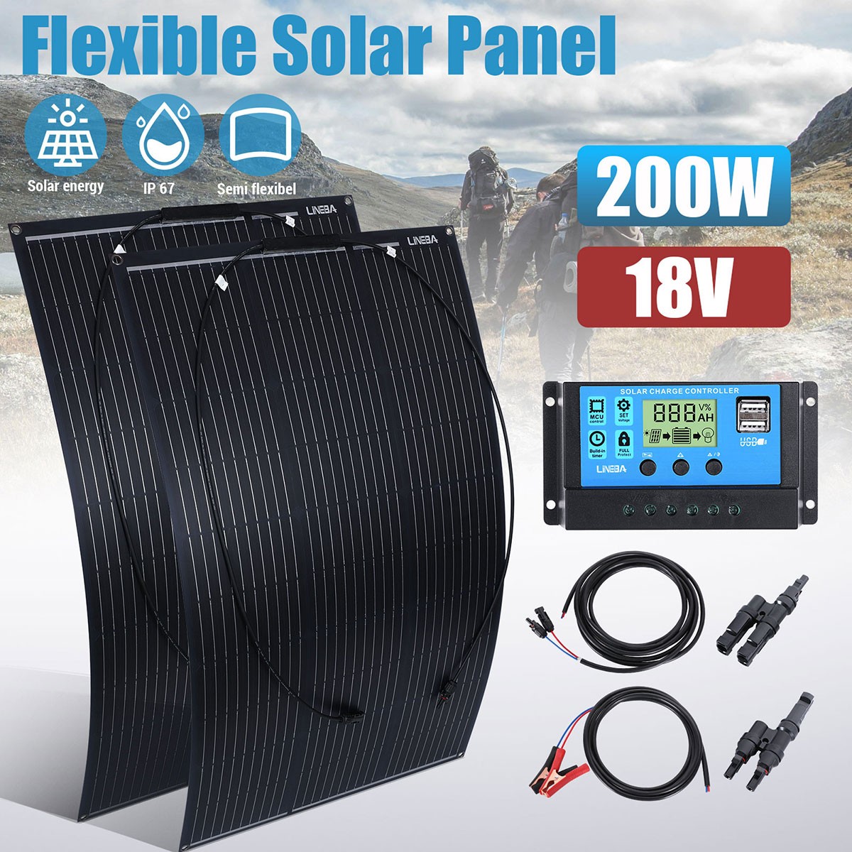 Completed 200W 400W Flexible Mono Solar Panel 12V Kit Car Boat RV Home Rooftop