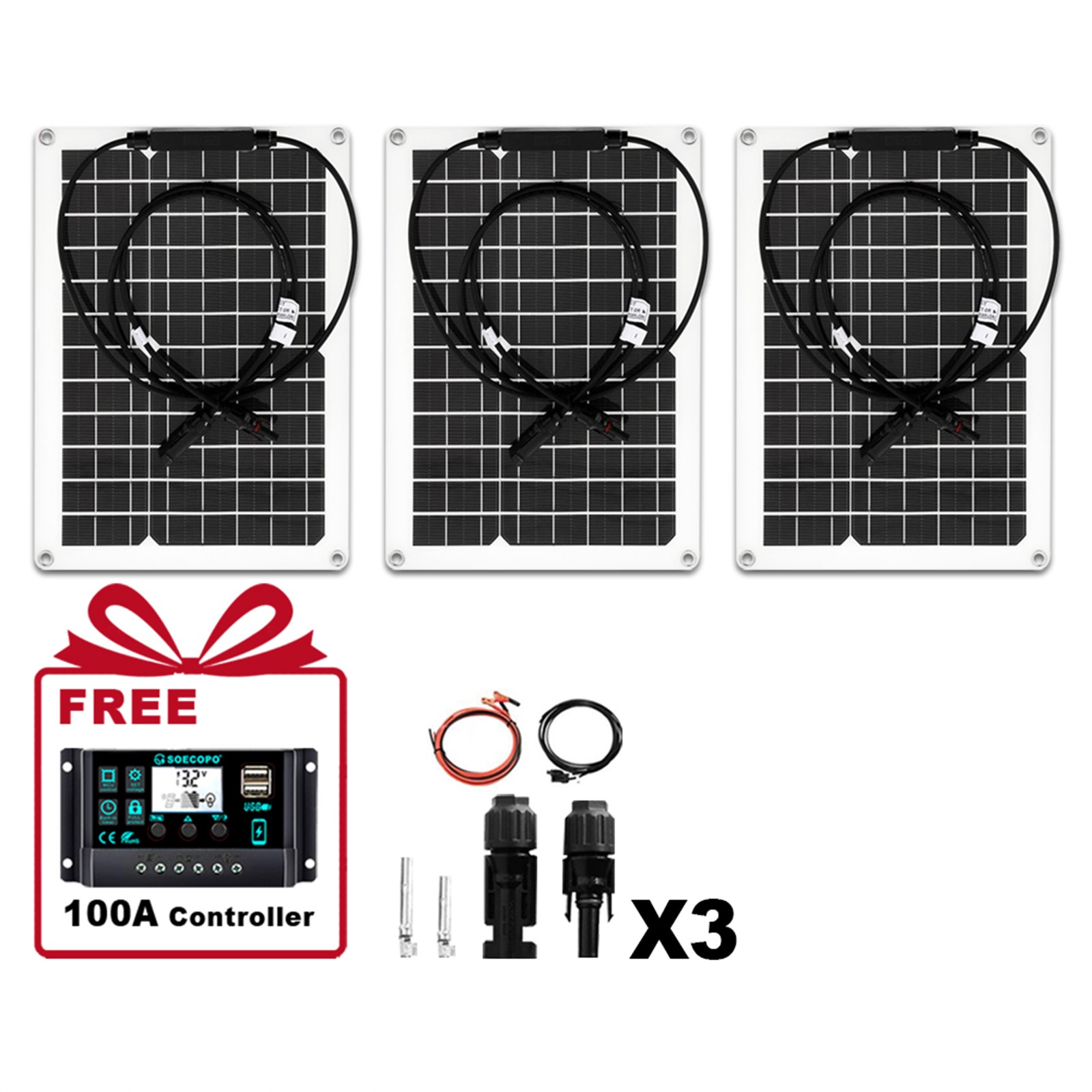 1800W Solar Panel Combo – 3 x 600W + 100A Controller + Y-Cable/MC-4 for RVICdW